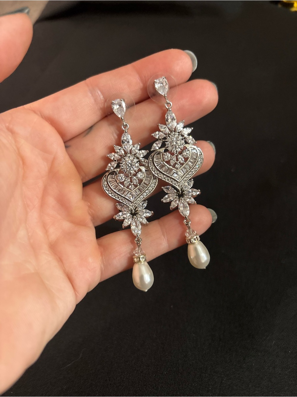 Elegant Silver Crystal & Pearl Drop Earrings - White